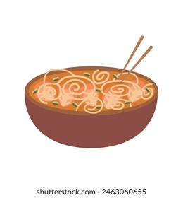 chow mein noodles in a brown bowl with chopsticks and vegetables flat isolated vector.