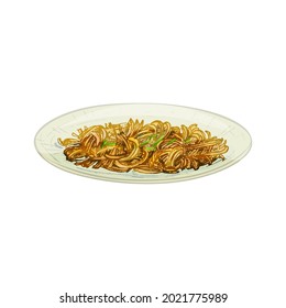 Chow mein on plate. Vintage vector hatching color hand drawn illustration isolated on white background