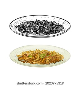 Chow mein on plate. Vintage vector hatching color hand drawn illustration isolated on white background