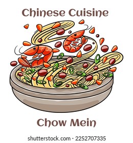 Chow Mein. Stimfried noodles with the meat?poultry and vegetables. Chinese food. Vector image isolated.