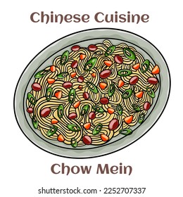 Chow Mein. Stimfried noodles with the meat?poultry and vegetables. Chinese food. Vector image isolated.