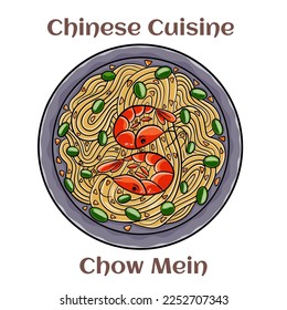 Chow Mein. Stimfried noodles with the meat?poultry and vegetables. Chinese food. Vector image isolated.