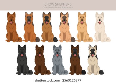 Chow Shepherd mix clipart. Chow chow German Shepherd mix. Different coat colors set.  Vector illustration