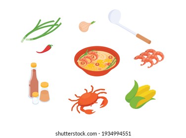 Chowder soup with shrimp and corn set. Isometric vector illustration in flat design. 