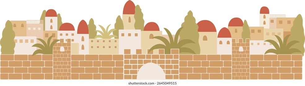Vetor Chr de uma antiga cidade bíblica, com paisagem desértica, casas antigas e edifícios semelhantes a templos, adequados para gráficos educativos, histórias baseadas na fé e ilustrações religiosas infantis