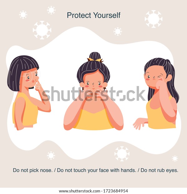 Chracter\
design hygiene illustration Protect yourself Do not pick nose Do\
not touch your face with hands Do not rub\
eyes