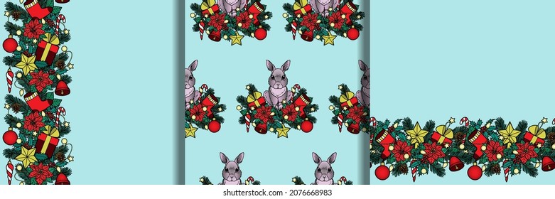 Chriatmas and New Year Seamless Pattern and borders set