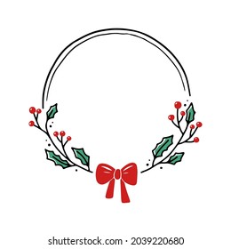 Chrirtmas Floral Frame With Circle, Round Shape. Doodle Hand Drawn Style Wreath Frame. Vector Illustration For Christmas, Wedding Decoration.