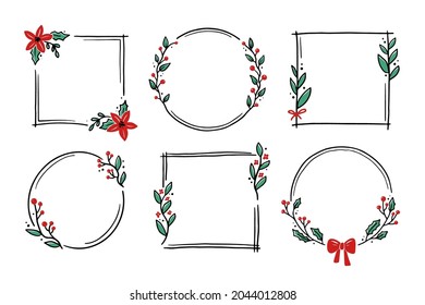 Chrirtmas floral frame with circle, round, rectangle shape. Doodle hand drawn style wreath frame. Vector illustration for christmas, wedding decoration.