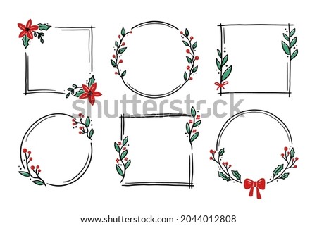 Chrirtmas floral frame with circle, round, rectangle shape. Doodle hand drawn style wreath frame. Vector illustration for christmas, wedding decoration.