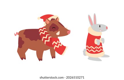 Chrismas Animals Set, Pig and Rabbit Chinese Horoscope Symbols in Bright Red Cap and Scarf Cartoon Vector Illustration