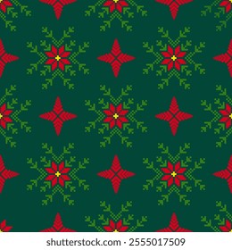 Chrismas Art Abstract with Floral Pixel Designs. Geometric Ethnic Pattern, Embroidery, Textile Ornamental, Fabric, Hand Stitch Pattern, Cultural Stitching Pixel Art