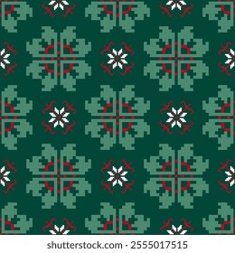 Chrismas Art Abstract with Floral Pixel Designs. Geometric Ethnic Pattern, Embroidery, Textile Ornamental, Fabric, Hand Stitch Pattern, Cultural Stitching Pixel Art