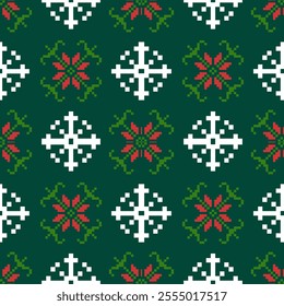 Chrismas Art Abstract with Floral Pixel Designs. Geometric Ethnic Pattern, Embroidery, Textile Ornamental, Fabric, Hand Stitch Pattern, Cultural Stitching Pixel Art