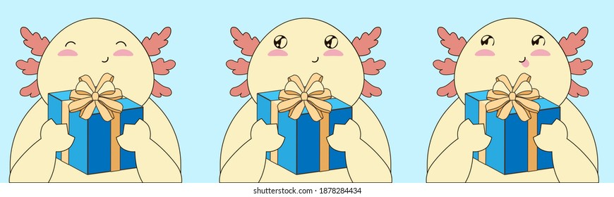  Chrismas. Axolotl Hold in hands present. Vector illustration