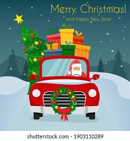 Chrismas car with Santa Claus as the driver with gifts, tree and decorations. Flat cartoon style vector illustration.
