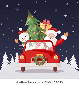 Chrismas car with Santa Claus as the driver and snowman with gifts, tree and decorations. Flat cartoon style vector illustration. For Christmas cards, banners and labels. Holiday cartoon character