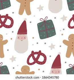 Chrismas cartoon little gnomes, gift, cookie. Seamless pattern