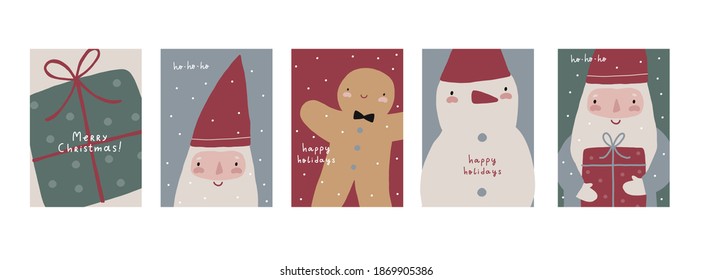 Chrismas cartoon little gnomes, gift, cookie. Winter cards in flat style