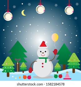 Chrismas day landscape scene.Snowman wear hat with balloon and ligt ball among pine forest during snow fall in winter season.