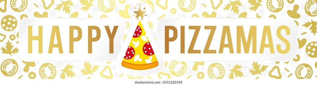 Banner decorativo de Natal para pizzaria, café ou restaurante. Fatia de pizza como uma árvore de massa X, fundo criativo bonito com elementos dourados isolados de pizza e máscara de corte. Segundo plano do white paper.