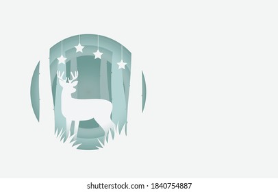 chrismas with deer and pine trees, paper art.Christmas & New year paper cut.vector
