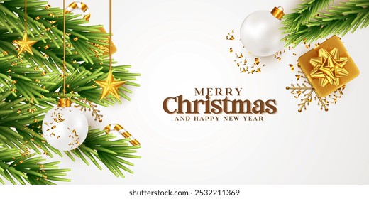 Chrismas festival banner design vector. Winter white color realistic Merry Christmas and Happy New Year celebration background design with XMas ball, snow, luxury Xmas tree, gift box, and ribbon.