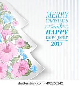 Chrismas fir tree with pink tropical flowers inside. Happy new year card design. Vector illustration.