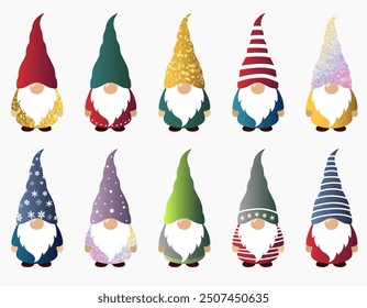 Chrismas gnomes collection. Cute elf. Winter characters gnomes. Golden hats. Merry Christmas elements. 