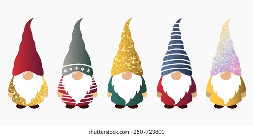 Chrismas gnomes collection. Cute elves in colorful clothes. Winter characters gnomes. Golden hats. 