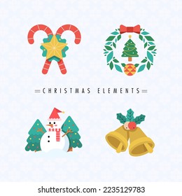 Chrismas Holiday decoration element. Candy, wreath, snowman, jingle bell, christmas tree holly berry. illustration vector symbol.