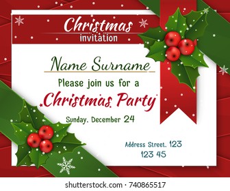 Chrismas Invitation with holly and satin ribbons.