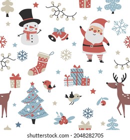 Chrismas seamless pattern with cute Santa, snowman, and Christmas tree. Winter holiday texture. Perfect for wrapping paper, fabric, textile. Vector Illustration