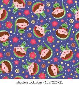 Chrismas seamless pattern with elves. Cute kawaii style. Boy and girl elf in green costume. Santa Claus little helpers. Poinsettia flower motif. Stars and snow. Kids vector illustration. Merry Xmas.