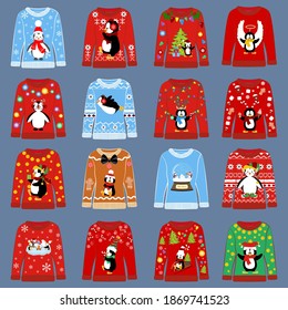 Chrismas ugly sweater set on the blue background. Vector illustration