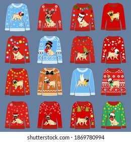 Chrismas ugly sweater set on the blue background. Vector illustration