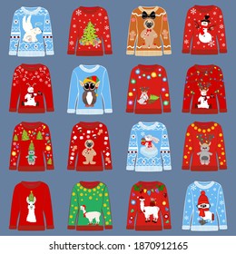 Chrismas ugly sweater set on the blue background. Vector illustration