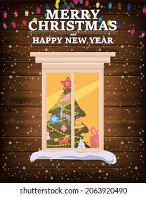 Chrismas window, night, decoraions garland retro, living room christmas tree. Xmas and new Year holiday celebration. Vector illustration flat cartoon style