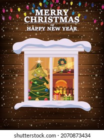 Chrismas window, night, decoraions garland retro, living room christmas tree. Xmas and new Year holiday celebration. Vector illustration flat cartoon style