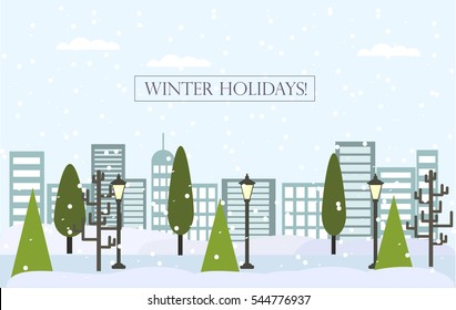 Chrismas winter flat landscape background. New Year vector greeting card. Winter urban background with trees, snow, Street lamp