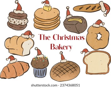 The Chrismast Bakery set. Cupcake, cookie, pastry, toast, pancake, donut, bread, and croissant. Vector isolate element on transparent background.