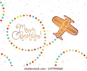 Chrismtas card with gingerbread airplane and sugar candies on white background with snowflakes