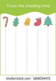 Chrisrmas cookies tracing worksheet, standing line tracing practice, handwriting practice for kindergarten kids
