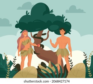 Christ bible story adam eve composition a couple standing by a tree and eve offers adam an apple vector illustration