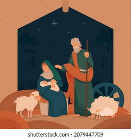 Christ bible story christmas composition a mother and child lying in her arms and two sheep walking beside her vector illustration