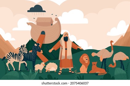 Christ bible story noah ark composition noah gathers the animals to board the ark vector illustration