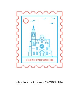 CHRIST CHURCH WINDHOEK postage stamp Blue and red Line Style, vector illustration