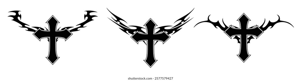 Christ cross with Neo tribal y2k gothic style tattoo Cyber sigilism spikes and sparks for streetwear print designs, spiky y2k aesthetic vector set