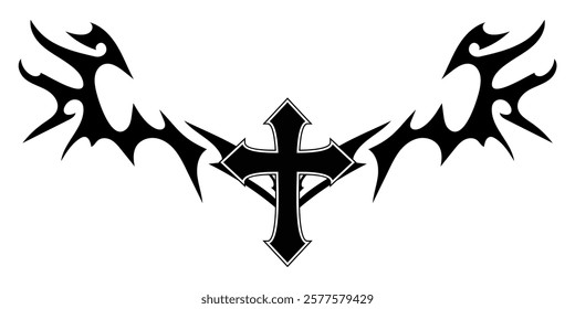 Christ cross with Neo tribal y2k gothic style tattoo Cyber sigilism spikes and sparks for streetwear print designs, spiky y2k aesthetic vector set