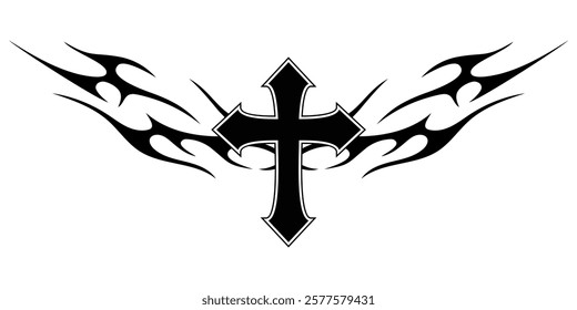 Christ cross with Neo tribal y2k gothic style tattoo Cyber sigilism spikes and sparks for streetwear print designs, spiky y2k aesthetic vector set